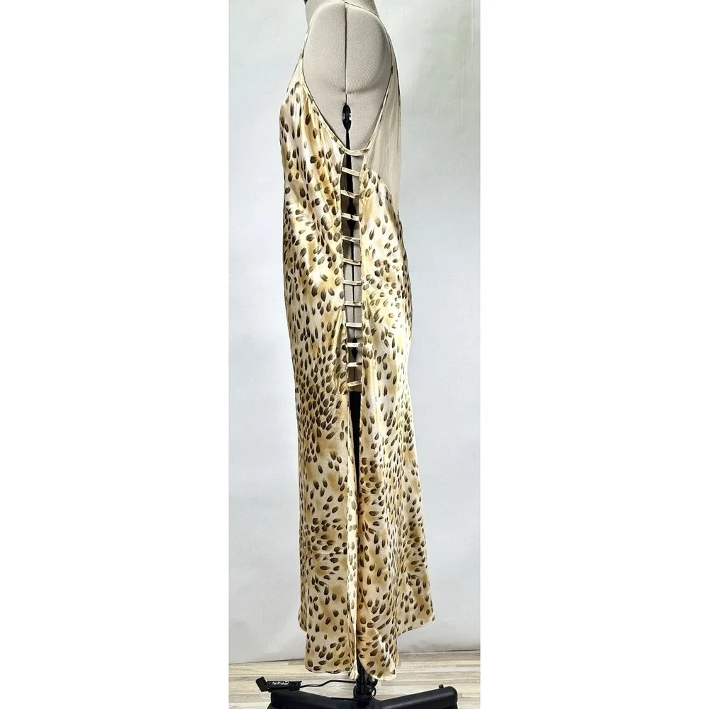 Cinema Etoile Cut Out Side Slip Long Gown Animal Sexy Satin Leopard V Neck Style